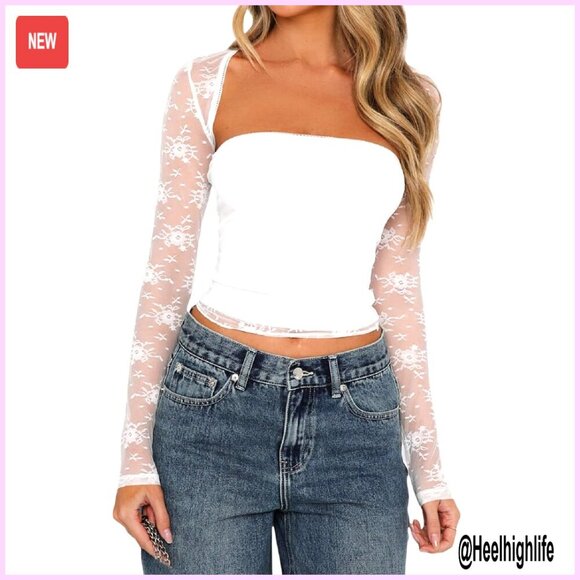 Sweaters - Sheer Mesh Lace Bolero Shrug Cropped Cardigan Floral Embroidery Y2K